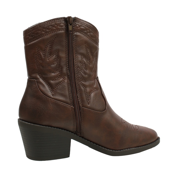 Brown Faux Leather Cowboy Pull On Mid Calf Boot - Picture 4 of 8